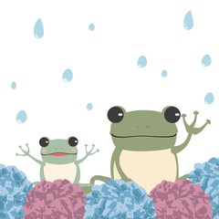 紫陽花と雨とカエルの親子
