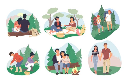 Happy couples camping in forest, vector flat isolated illustration