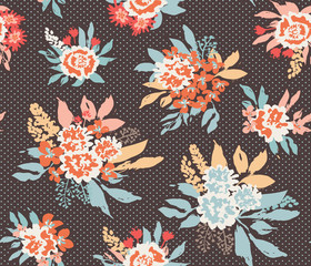 Vintage Floral bouquets, dark brown seamless background, vector