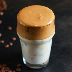 Dalgona coffee trend ice drink
cappuccino or latte fluffy creamy whipped
Menu concept healthy eating. food background top view copy space for text