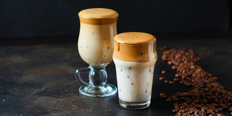 Dalgona coffee trend ice drink
cappuccino or latte fluffy creamy whipped
Menu concept healthy eating. food background top view copy space for text