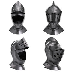 Set of Classic Medieval Knight Armet Helmet with visor. All side view. Used for tournaments or battlefields. 3D render Illustration Isolated on white background.