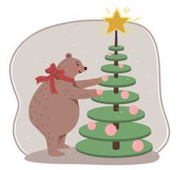 Bear decorating christmas tree. Christmas tree with baubles. Colorful vector illustration in flat cartoon style.