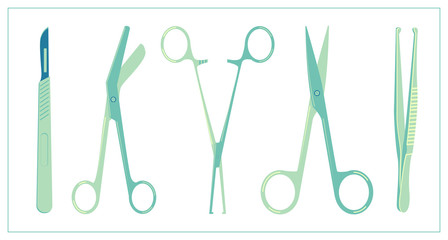 Vector flat illustration with a Surgical Instrument. Scalpel, clamp, scissors, tweezers. For your web, logo, app, UI
