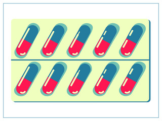 Vector flat illustration with a packing blister with capsules and tablets. For your web, logo, app, UI. Isolated