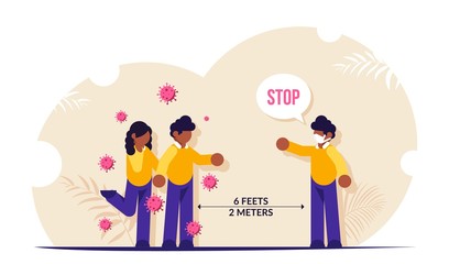 Social distance and microbicide mask as a way to protect against virus covid-19. Moden flat vector illustration isolated on white background.