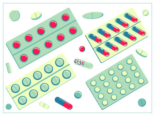 Set of vector flat illustration with a packing blister with capsules and tablets. For your web, logo, app, UI. Isolated
