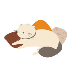 Cartoon fat Persian beige cat resting on multi-colored pillows. On the floor lies a hand-drawn cute pet. Vector illustration isolated on a white background.