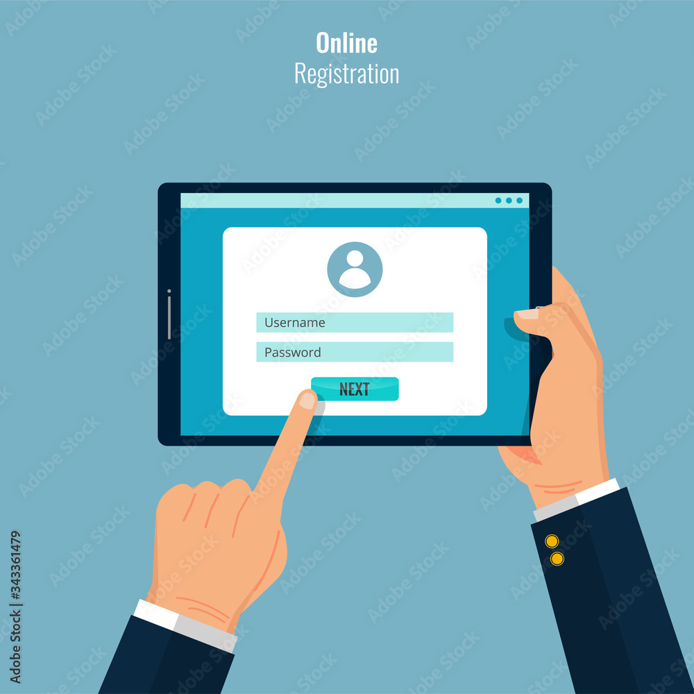 Poster online registration concept design. hands holding tablet to sign in on internet browser. register fo