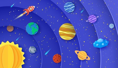 Solar system model in paper cut style. Round layers galaxy space with cartoon planets, red polygonal rocket, comets and origami UFO. 3d vector background with flying saucer in starry night sky © A_Y_N