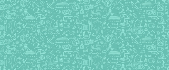 Travel and vacation light background. Summer tourism seamless pattern. Outline vector illustration.