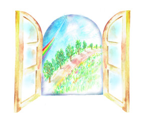 並木道が見える窓