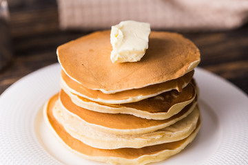 Homemade american pancakes. Healthy morning breakfast. Rustic style