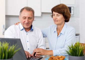 Positive senior man and woman sitting at laptop  at home interior