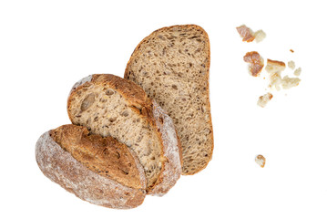 Fresh bread slices isolated on white background, top view
