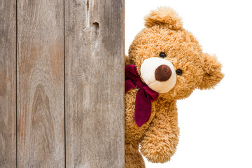 Brown cute teddy bear sneaked behind the old wooden door isolated on white background. Copy space...