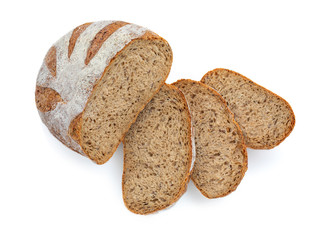 Fresh bread with slices isolated on white background, top view