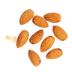 Almonds isolated  on white background. Raw Nuts on white background. Collection. Top view. Flat lay.