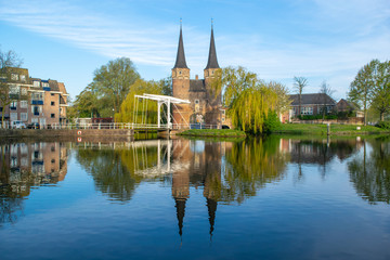 A view from the canal of the Oostpoort (east gate) in the city of Delft.