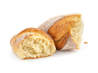 Freshly baked bread loaf  pieces isolated on white background, top view. Bakery, Food concept.