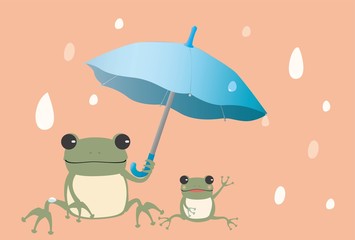 雨の日に傘をさすカエルの親子のポストカード