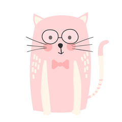 Cute cartoon cat with glasses. Isolated vector illustration on a white background.