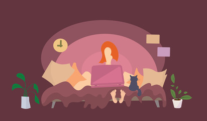 a girl with laptop resting on sofa with plaid and pillows near a cat. comfortable evening at home