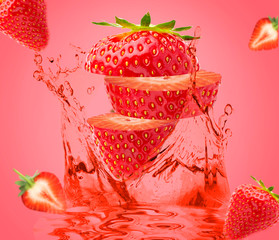 Illustration for advertising strawberry drink, juice. Sliced ​​strawberries in motion and a splash of juice. Around the spray and cut berries of strawberries on a bright background.