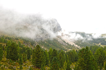 The peaks of the Dolomites in Italy are covered in fog. Early wet foggy morning. Beginning of autumn. Clean fresh air, lack of people. Selective focus.