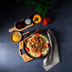 rustic bulgur pans with gratinated gyros and yoghurt