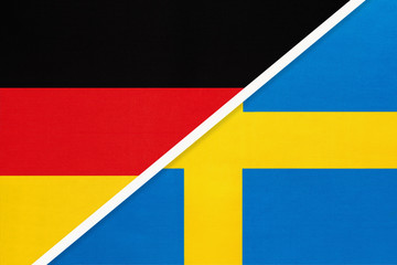 Federal Republic of Germany vs Kingdom of Sweden, symbol of two national flags. Relationship between european countries.