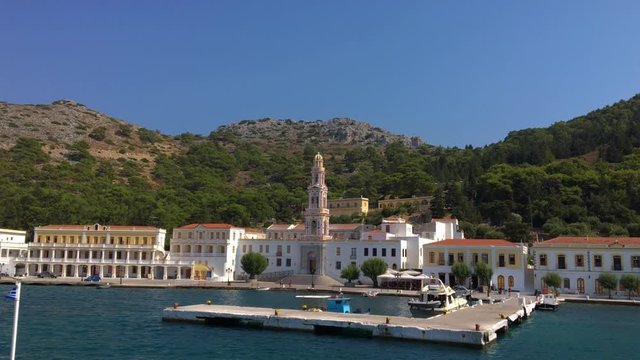 Arriving at Archangel Michael of Panormitis Monastery by boat, Summer, daytime, Symi, Greece