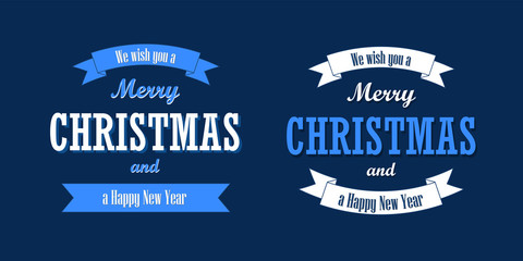 Christmas text, white ribbon set. Merry Christmas and Happy New Year wishes isolated blue background. Design for banner, label, holiday message, postcard. Retro vintage decoration. Vector illustration