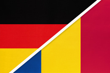 Federal Republic of Germany vs Romania, symbol of two national flags. Relationship between european countries.