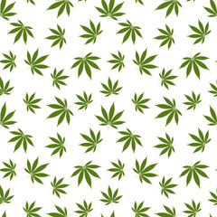 Cannabis seamless pattern. Marijuana leaf, green weed plant. Hashish texture, isolated white background. Hemp psychedelic grass. Fabric print for medical wallpaper. Simple design Vector illustration