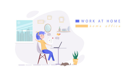 Work at home, people quarantine, girl cartoon character flat design, home office and co-working space interior idea creative, background vector illustration