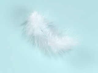 Single soft white feather on light blue background. Light soft symbol