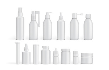 white empty packaging medicine bottles isolated on white background mock up