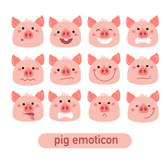 Vector Pink Piggy emoticon set. Cartoon illustration for Christmas card, prints, calendar, sticker, invitation, baby shower, children clothes, posters