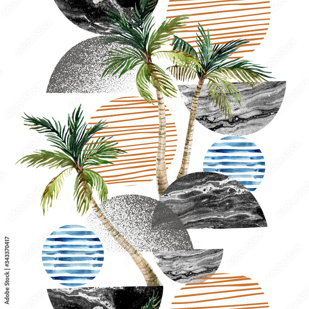 Sticker Modern art of geometric shapes, natural elements. Hand drawn illustration: beach, sea, sunset, palm trees