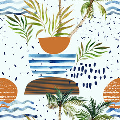 Art illustration with watercolor palm tree, doodle, grainy grunge texture, geometric shapes in 80s, 90s minimal style