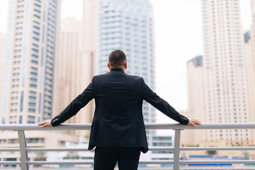 Rear view of young businessman standing against skyscrapers view.