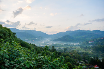 mountain landscape with clouds and sun