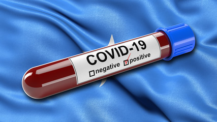 Obraz premium Flag of Somalia waving in the wind with a positive Covid-19 blood test tube. 3D illustration concept for blood testing for diagnosis of the new Corona virus.