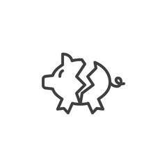 Broken piggy bank line icon. linear style sign for mobile concept and web design. Broken money box outline vector icon. Bankruptcy symbol, logo illustration. Vector graphics