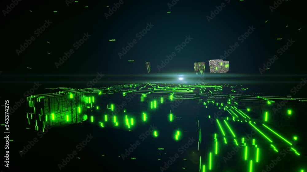 Poster sci-fi cube futuristic stream data communication flying into digital technologic tunnel animation 3d