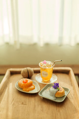 sweet bakery cake and drink in the cafe