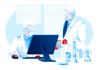 Two scientist in protection suits making research vaccine for pandemic isolated white background