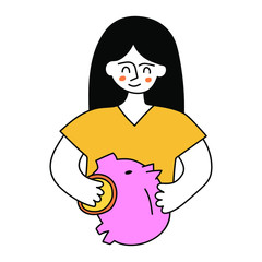 Girl and piggy bank. Concept about financial literacy for kids. Vector hand drawn illustration on white background.