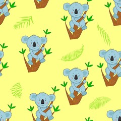 Seamless pattern with cartoon koala on the eucalyptus tree branch. Illustration with funny koala and exotic leaves. Pattern for fabric and clothes.